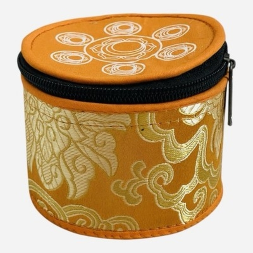 Handmade Tibetan Chakra Singing Bowl Set Mallet Brocade Silk Case Meditation VG - Picture 2 of 4